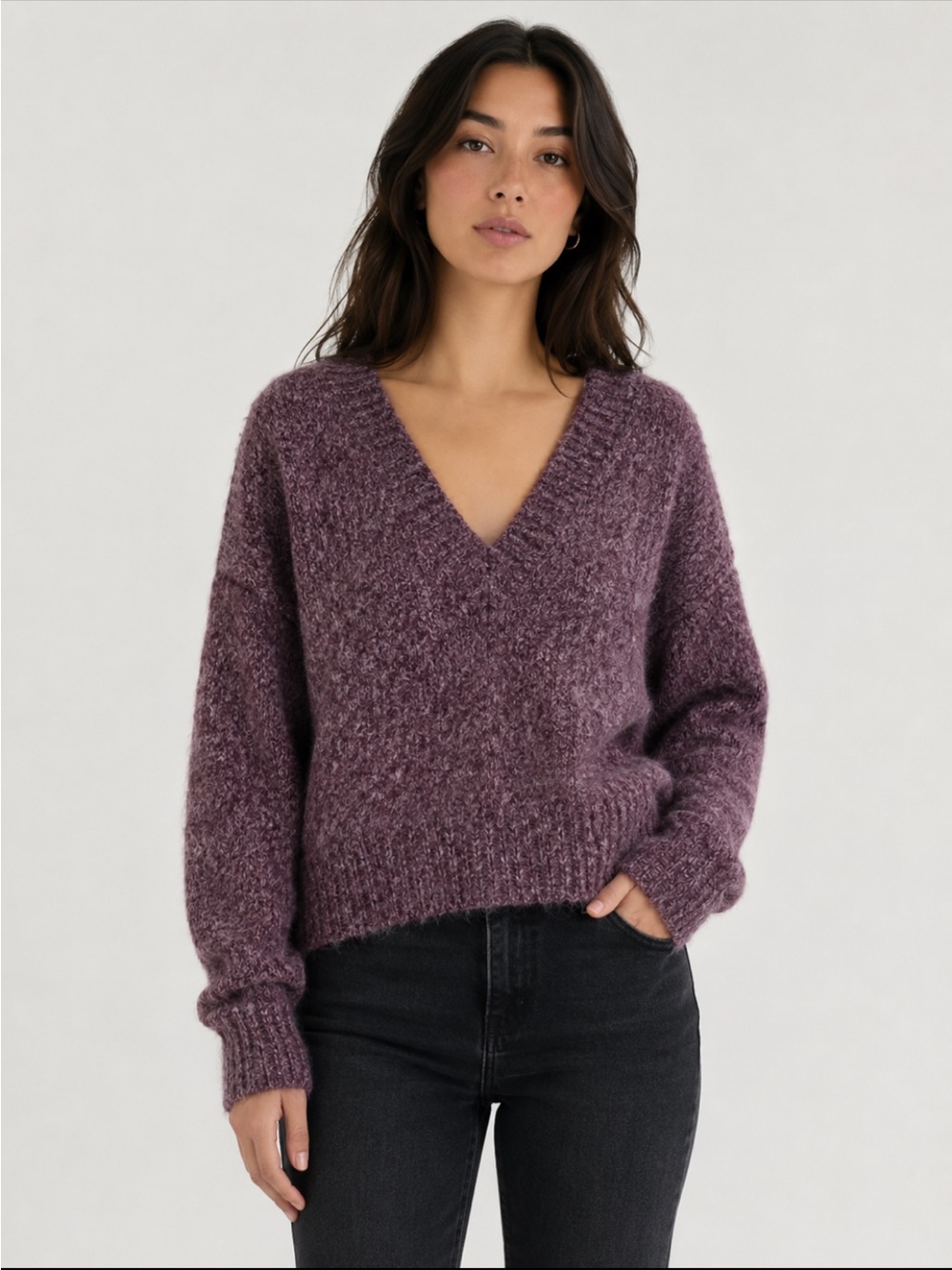 Theory Purple Marled Airy Alpaca V-Neck Sweater S